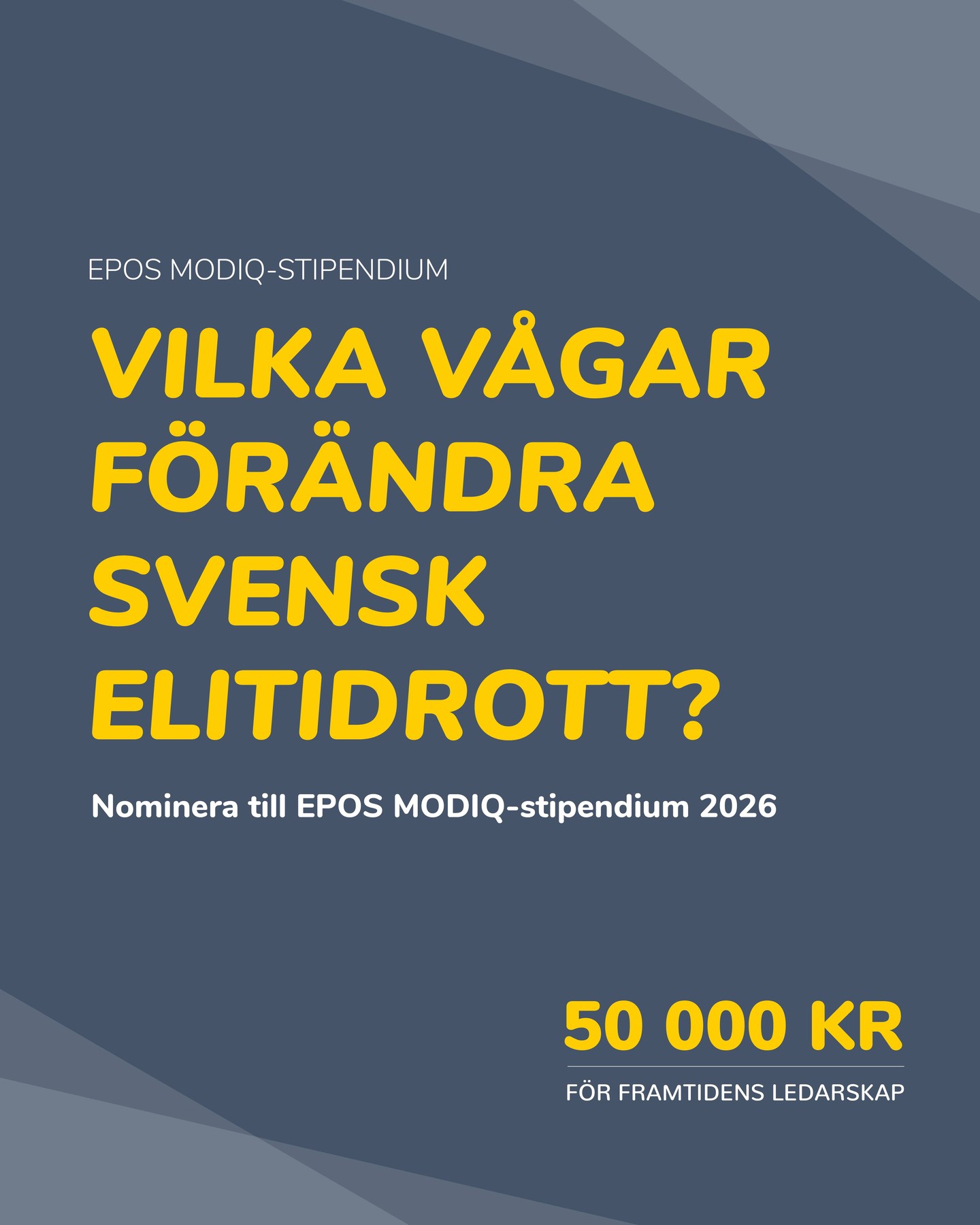 Förändring sker inte av sig själv.

Den sker genom beslut. Och genom människor som vågar genomföra dem.

EPOS MODIQ-stipendium tilldelas en person eller organisation som genom konkreta beslut och handling har skapat verklig förändring inom svensk elitidrott. 

Genom att förändra strukturer, arbetssätt eller skapa fler möjligheter för fler att verka som tränare och coacher på elitnivå.

50 000 SEK i stipendium
Sista dag för nominering: 20 juni 2026
Vinnaren presenteras: 24 augusti 2026

Nominera den som faktiskt driver förändring.

Mer information och nomineringsblankett finns på vår hemsida under Program & initiativ.